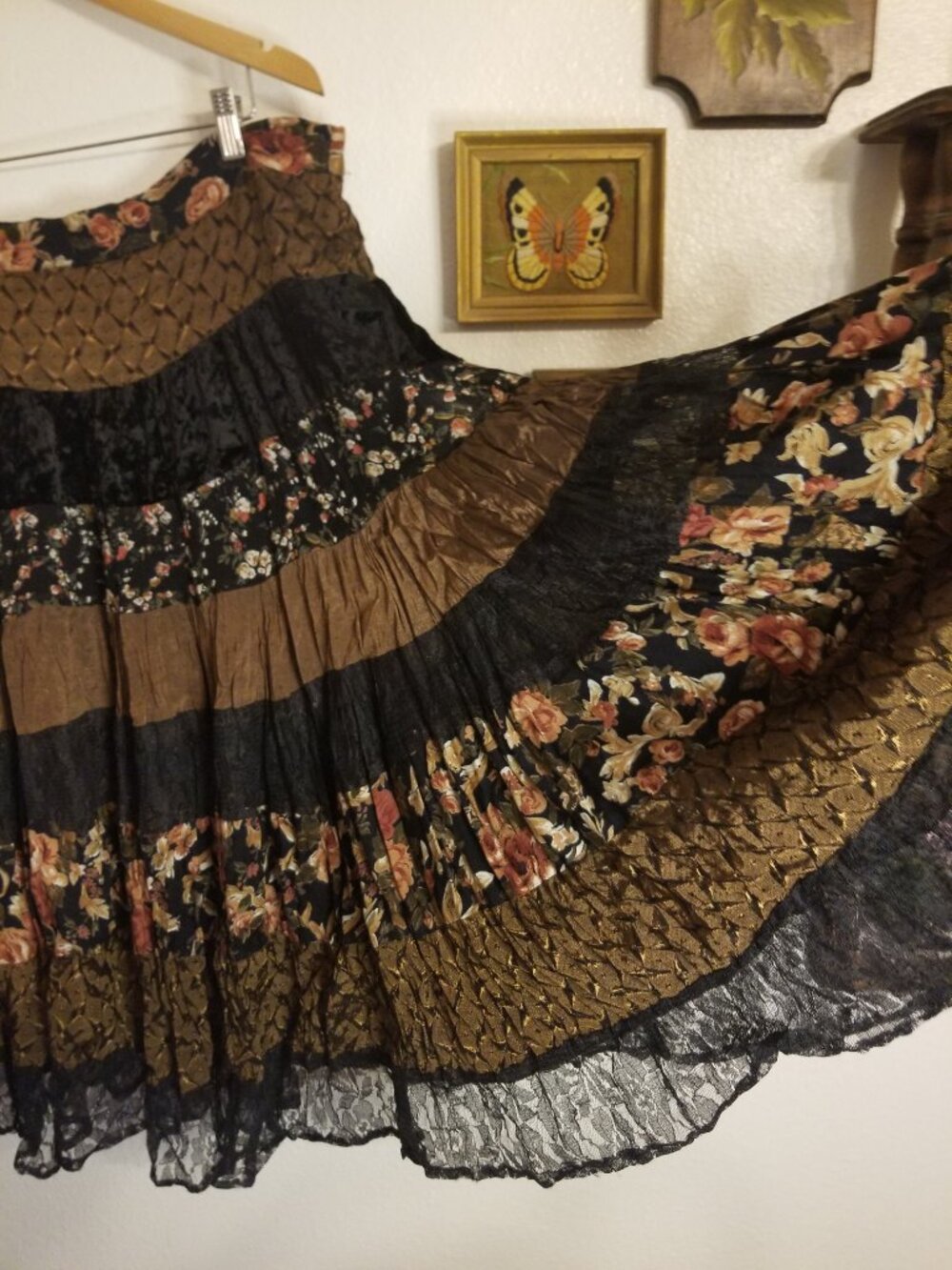 Vintage 1990s Whimsigoth Floral Tiered Patchwork Midi Skirt